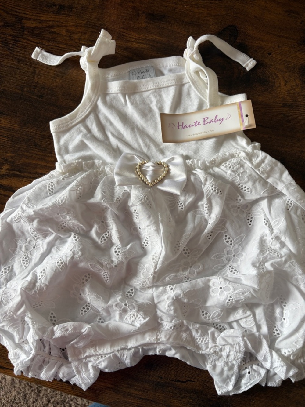 Haute Baby White Eyelet Bella Mia One-Piece Bubble Jumperwith Pearl Heart